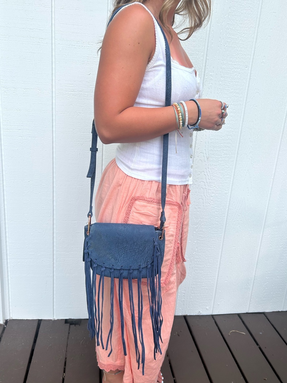 Free People Suede Blue Fringe Handbag Crossbody NWOT - Picture 7 of 13